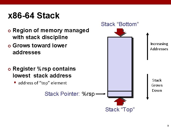 x 86 -64 Stack Region of memory managed with stack discipline ¢ Grows toward