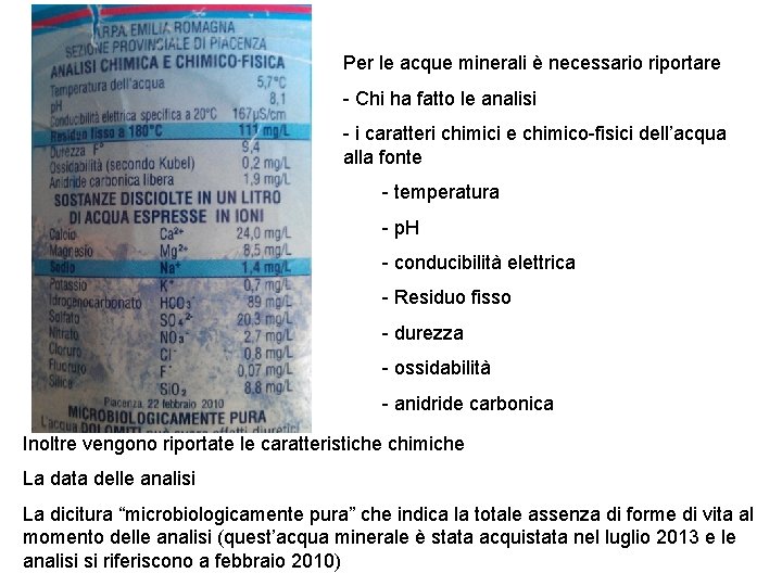 Per le acque minerali è necessario riportare - Chi ha fatto le analisi -