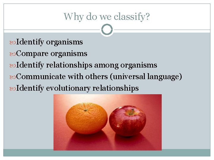 Why do we classify? Identify organisms Compare organisms Identify relationships among organisms Communicate with