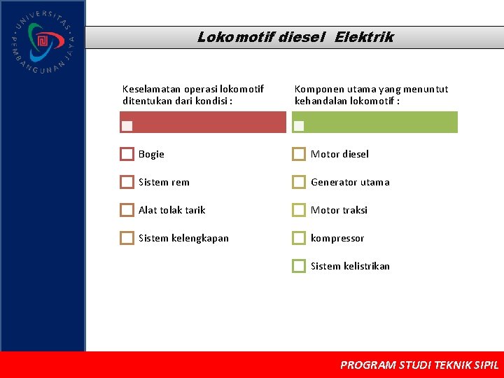 Lokomotif diesel Elektrik Keselamatan operasi lokomotif ditentukan dari kondisi : Komponen utama yang menuntut