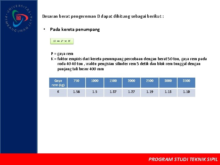 Besaran berat pengereman B dapat dihitung sebagai berikut : • Pada kereta penumpang P