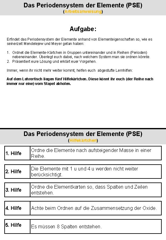 Das Periodensystem der Elemente (PSE) (Arbeitsanweisung) Aufgabe: Erfindet das Periodensystem der Elemente anhand von