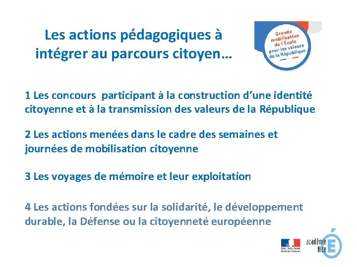 Les actions pédagogiques à intégrer au parcours citoyen… 1 Les concours participant à la