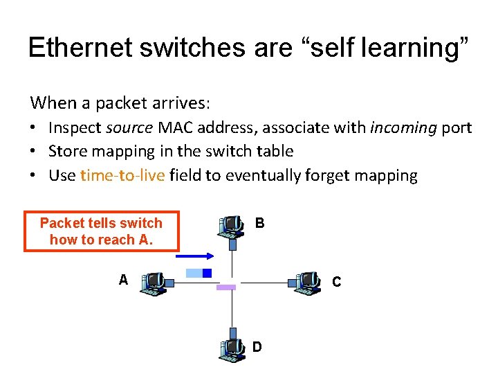 Ethernet switches are “self learning” When a packet arrives: • Inspect source MAC address,