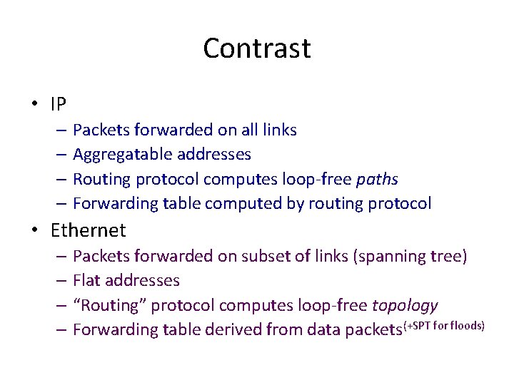 Contrast • IP – Packets forwarded on all links – Aggregatable addresses – Routing