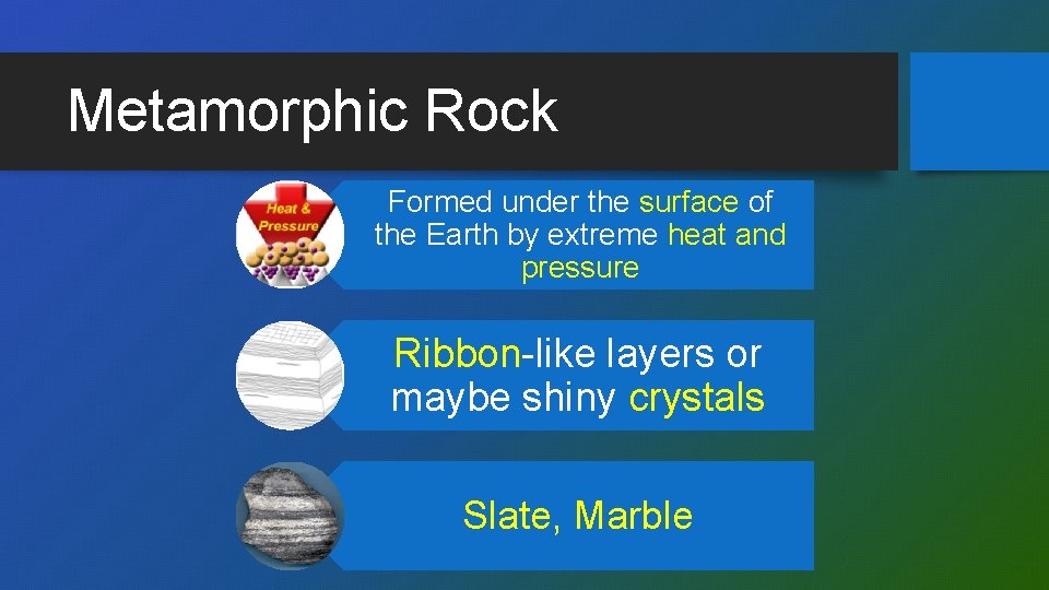 Metamorphic Rock Formed under the surface of the Earth by extreme heat and pressure