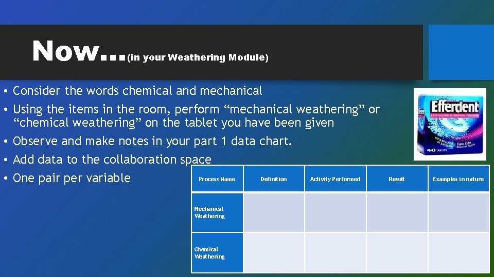 Now… (in your Weathering Module) • Consider the words chemical and mechanical • Using