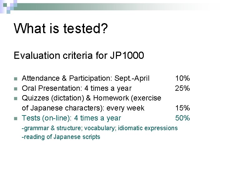 What is tested? Evaluation criteria for JP 1000 n n Attendance & Participation: Sept.