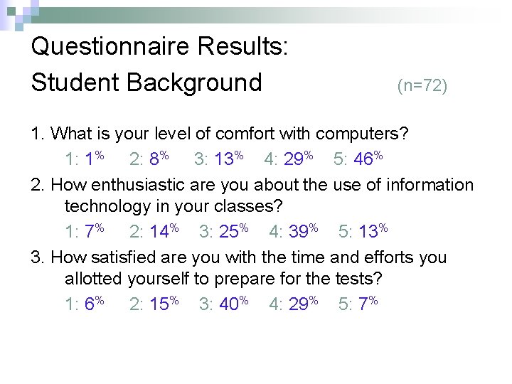 Questionnaire Results: Student Background (n=72) 1. What is your level of comfort with computers?