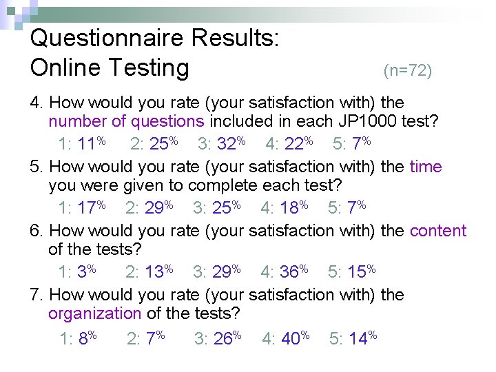 Questionnaire Results: Online Testing (n=72) 4. How would you rate (your satisfaction with) the