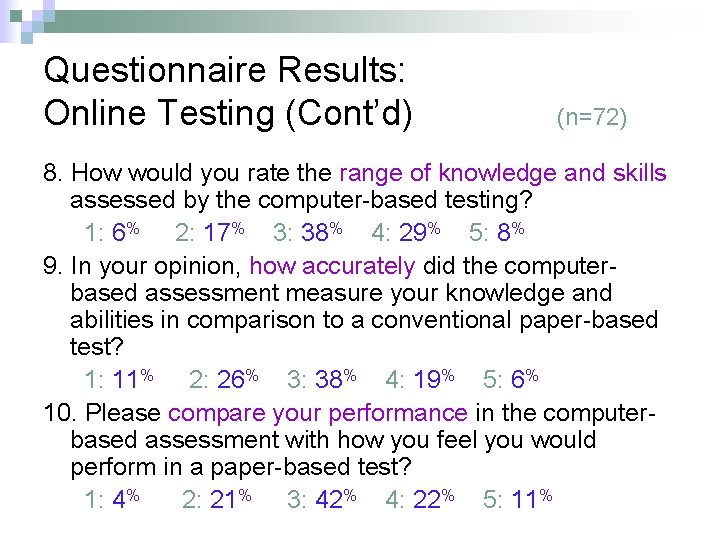 Questionnaire Results: Online Testing (Cont’d) (n=72) 8. How would you rate the range of