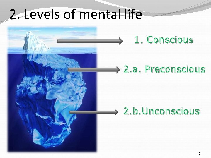 2. Levels of mental life 1. Conscious 2. a. Preconscious 2. b. Unconscious 7