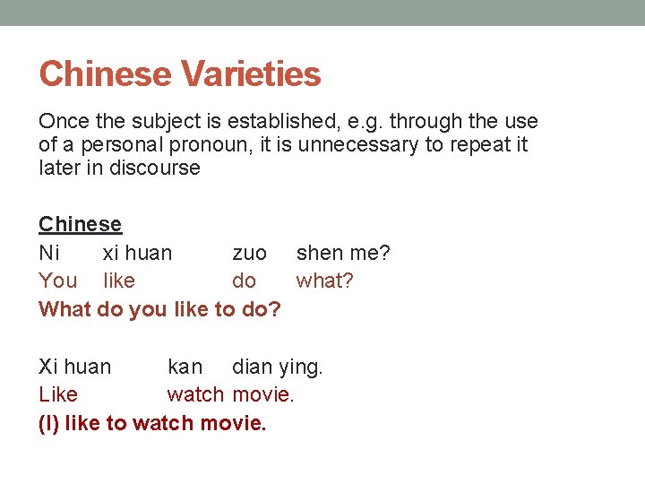 Chinese Varieties Once the subject is established, e. g. through the use of a