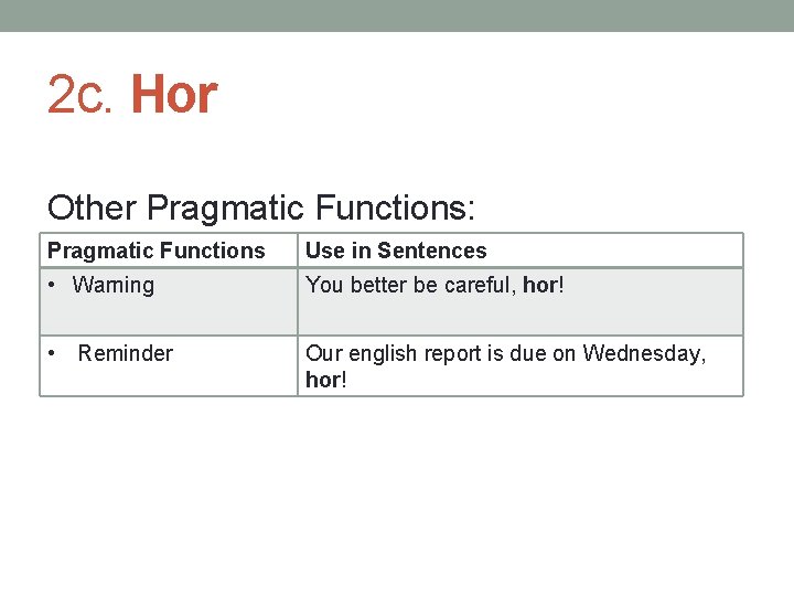 2 c. Hor Other Pragmatic Functions: Pragmatic Functions Use in Sentences • Warning You