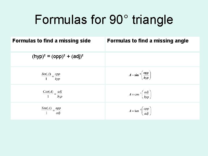 Formulas for 90° triangle Formulas to find a missing side (hyp)² = (opp)² + Formulas for 90° triangle Formulas to find a missing side (hyp)² = (opp)² +