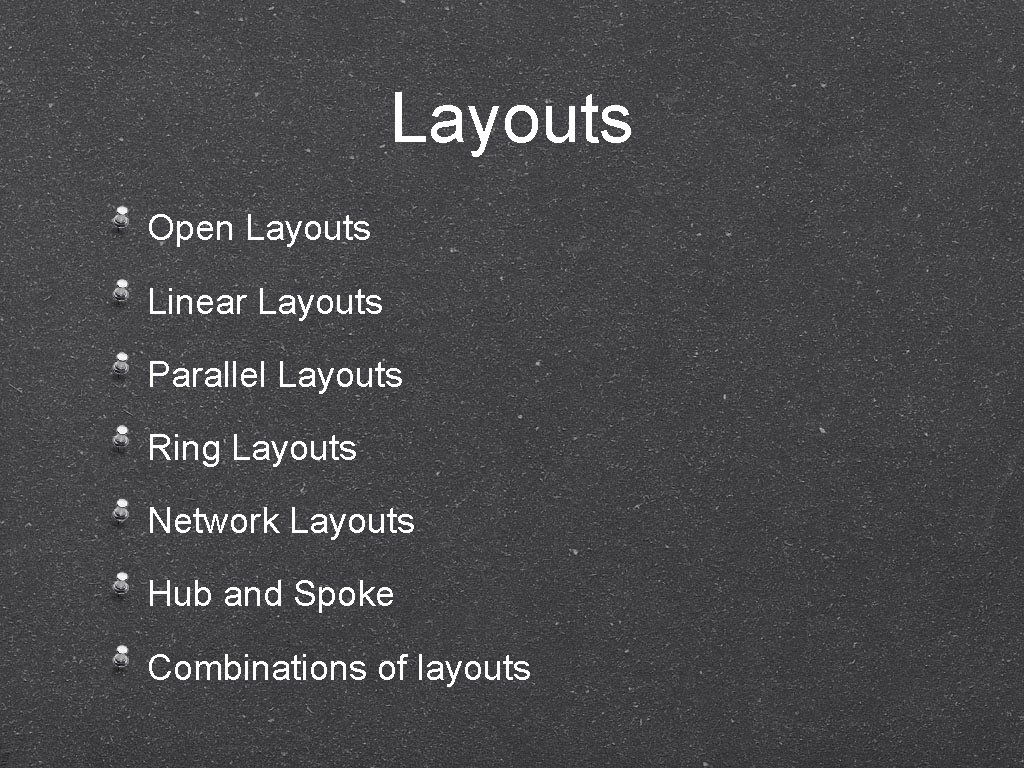Layouts Open Layouts Linear Layouts Parallel Layouts Ring Layouts Network Layouts Hub and Spoke Layouts Open Layouts Linear Layouts Parallel Layouts Ring Layouts Network Layouts Hub and Spoke