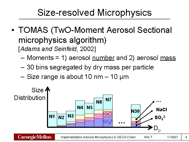 Size-resolved Microphysics • TOMAS (Tw. O-Moment Aerosol Sectional microphysics algorithm) [Adams and Seinfeld, 2002]