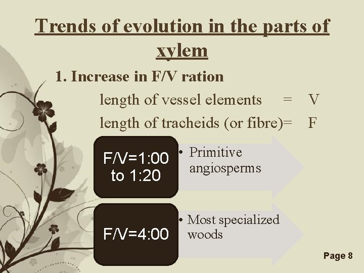 Trends of evolution in the parts of xylem 1. Increase in F/V ration length
