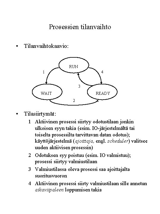 Prosessien tilanvaihto • Tilanvaihtokaavio: RUN 1 4 3 WAIT READY 2 • Tilasiirtymät: 1