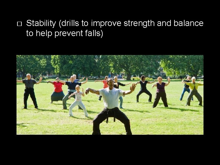 � Stability (drills to improve strength and balance to help prevent falls) 