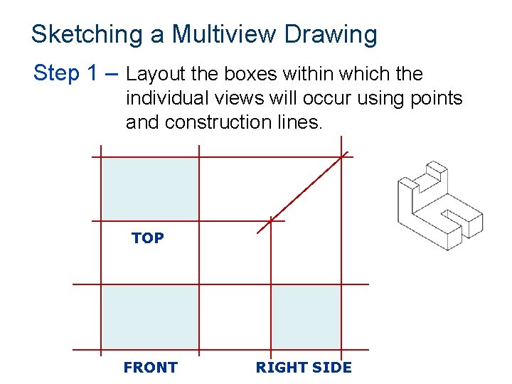 Sketching a Multiview Drawing Step 1 – Layout the boxes within which the individual