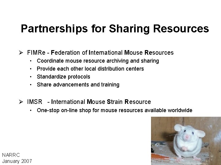 Partnerships for Sharing Resources Ø FIMRe - Federation of International Mouse Resources • •