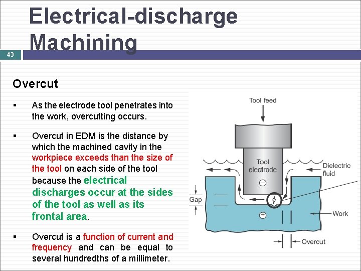 43 Electrical-discharge Machining Overcut § As the electrode tool penetrates into the work, overcutting