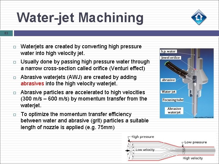 Water-jet Machining 83 Waterjets are created by converting high pressure water into high velocity