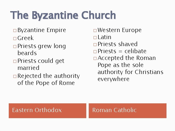 The Byzantine Church � Byzantine � Greek � Priests Empire grew long beards � The Byzantine Church � Byzantine � Greek � Priests Empire grew long beards �