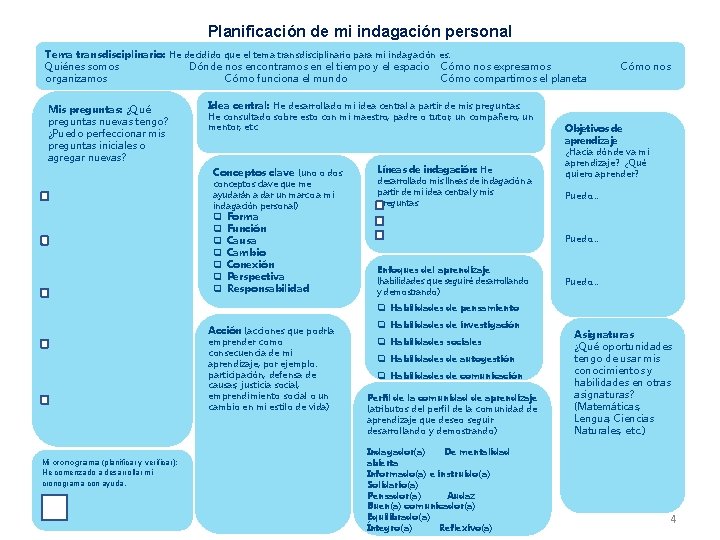 Planificación de mi indagación personal Tema transdisciplinario: He decidido que el tema transdisciplinario para