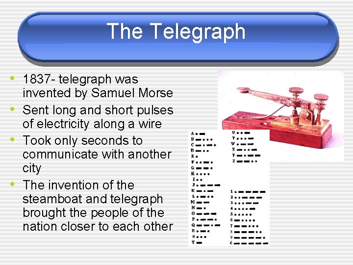 The Telegraph • 1837 - telegraph was • • • invented by Samuel Morse