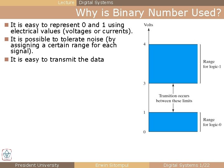 Lecture Digital Systems Why is Binary Number Used? n It is easy to represent
