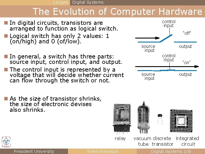 Lecture Digital Systems The Evolution of Computer Hardware n In digital circuits, transistors are