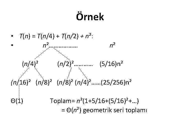 Örnek • T(n) = T(n/4) + T(n/2) + n²: • n²……………… (n/4)² n² (n/2)²…………