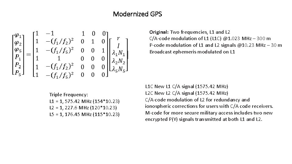 Modernized GPS Original: Two frequencies, L 1 and L 2 C/A‐code modulation of L