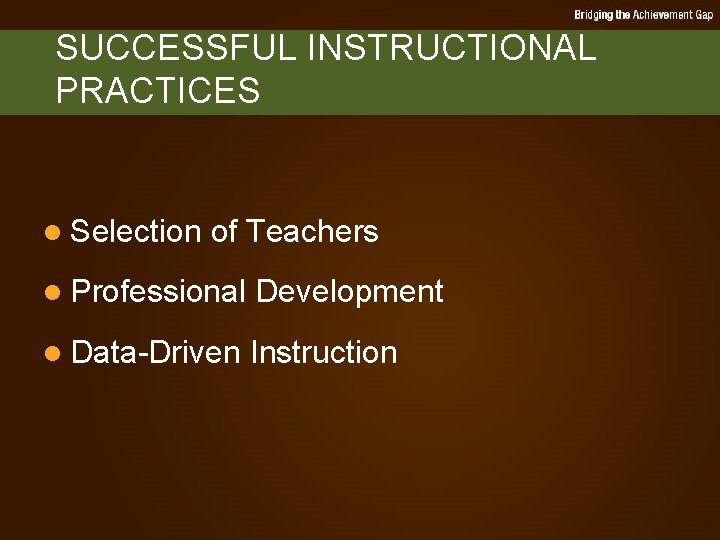 SUCCESSFUL INSTRUCTIONAL PRACTICES l Selection of Teachers l Professional Development l Data-Driven Instruction 