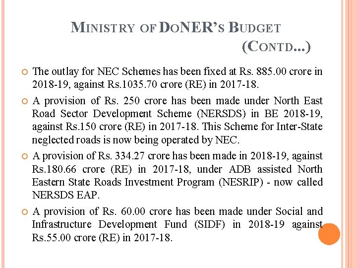 MINISTRY OF DONER’S BUDGET (CONTD. . . ) The outlay for NEC Schemes has