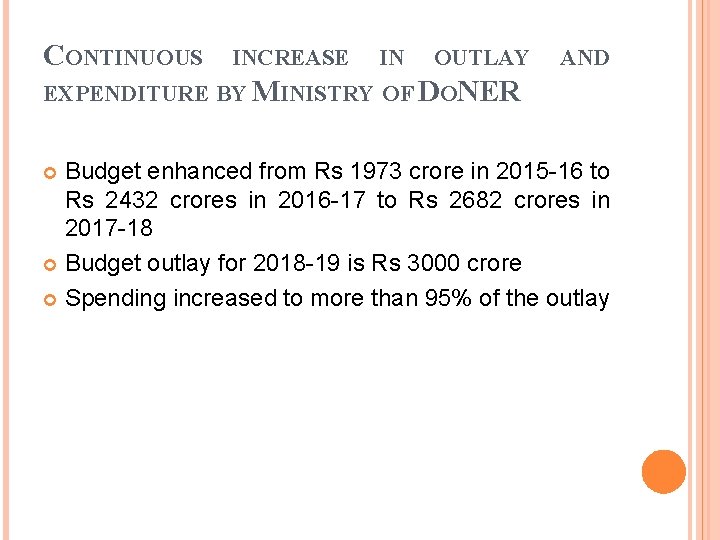 CONTINUOUS INCREASE IN OUTLAY AND EXPENDITURE BY MINISTRY OF DONER Budget enhanced from Rs