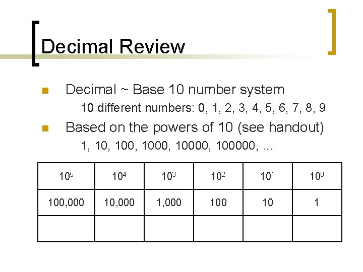 Decimal Review n Decimal ~ Base 10 number system 10 different numbers: 0, 1,