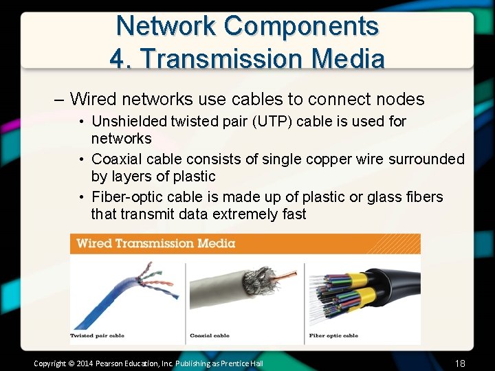 Network Components 4. Transmission Media – Wired networks use cables to connect nodes •