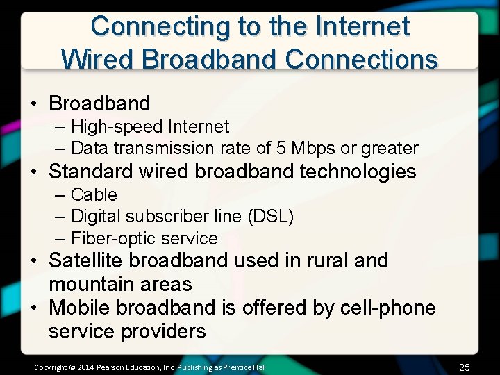 Connecting to the Internet Wired Broadband Connections • Broadband – High-speed Internet – Data