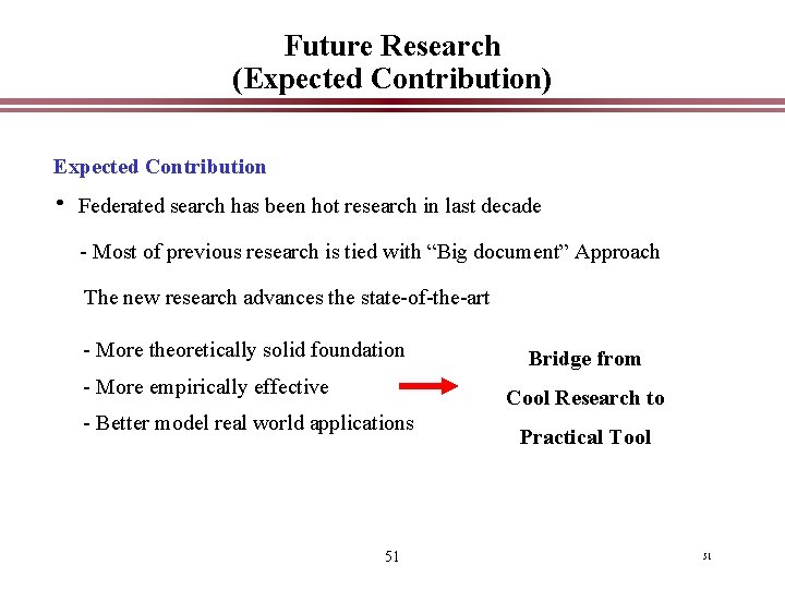 Future Research (Expected Contribution) Expected Contribution • Federated search has been hot research in