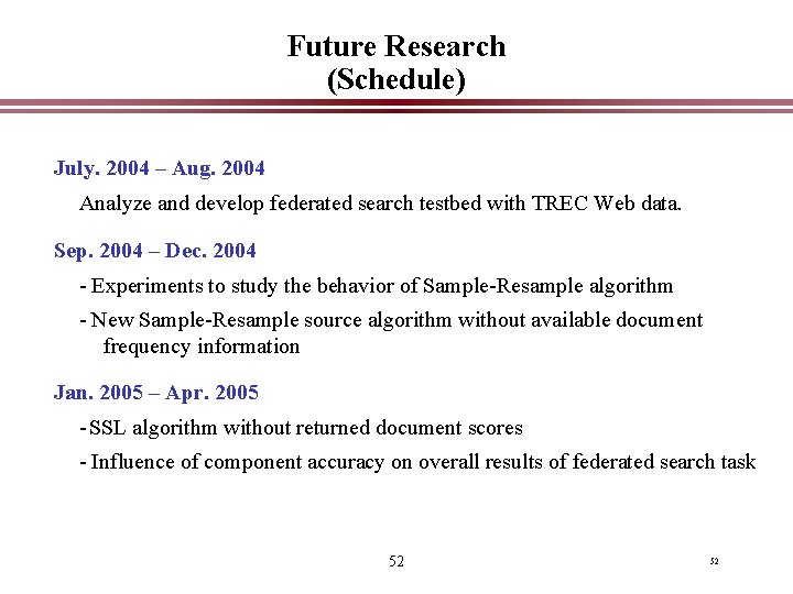 Future Research (Schedule) July. 2004 – Aug. 2004 Analyze and develop federated search testbed