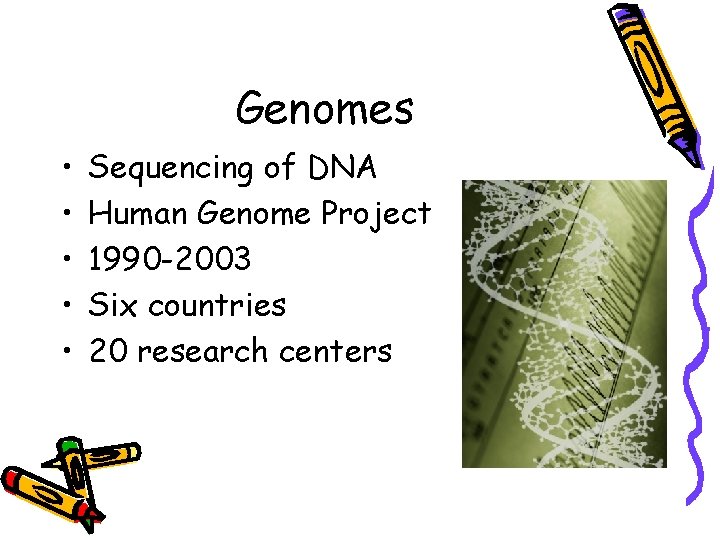 Genomes • • • Sequencing of DNA Human Genome Project 1990 -2003 Six countries Genomes • • • Sequencing of DNA Human Genome Project 1990 -2003 Six countries