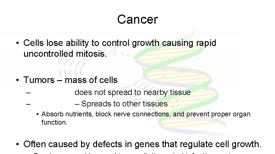Cancer • Cells lose ability to control growth causing rapid uncontrolled mitosis. • Tumors