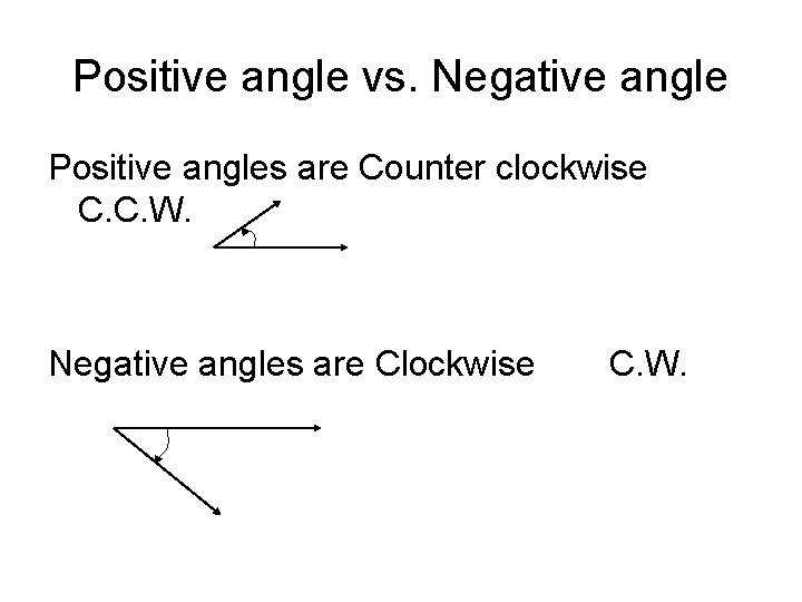 Positive angle vs. Negative angle Positive angles are Counter clockwise C. C. W. Negative