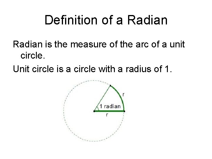 Definition of a Radian is the measure of the arc of a unit circle.