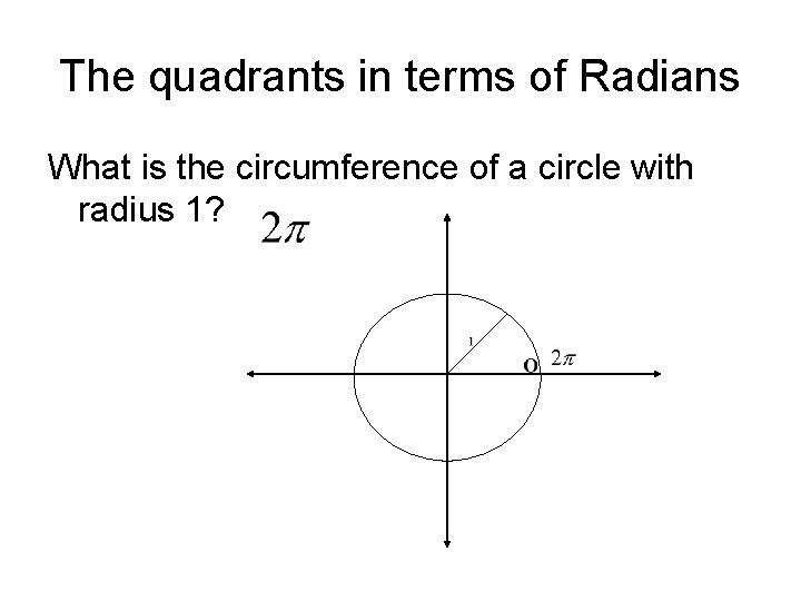 The quadrants in terms of Radians What is the circumference of a circle with