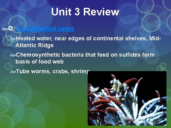 Unit 3 Review O. Hydrothermal vents Heated water, near edges of continental shelves, Mid.