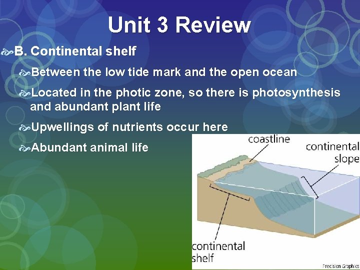 Unit 3 Review B. Continental shelf Between the low tide mark and the open